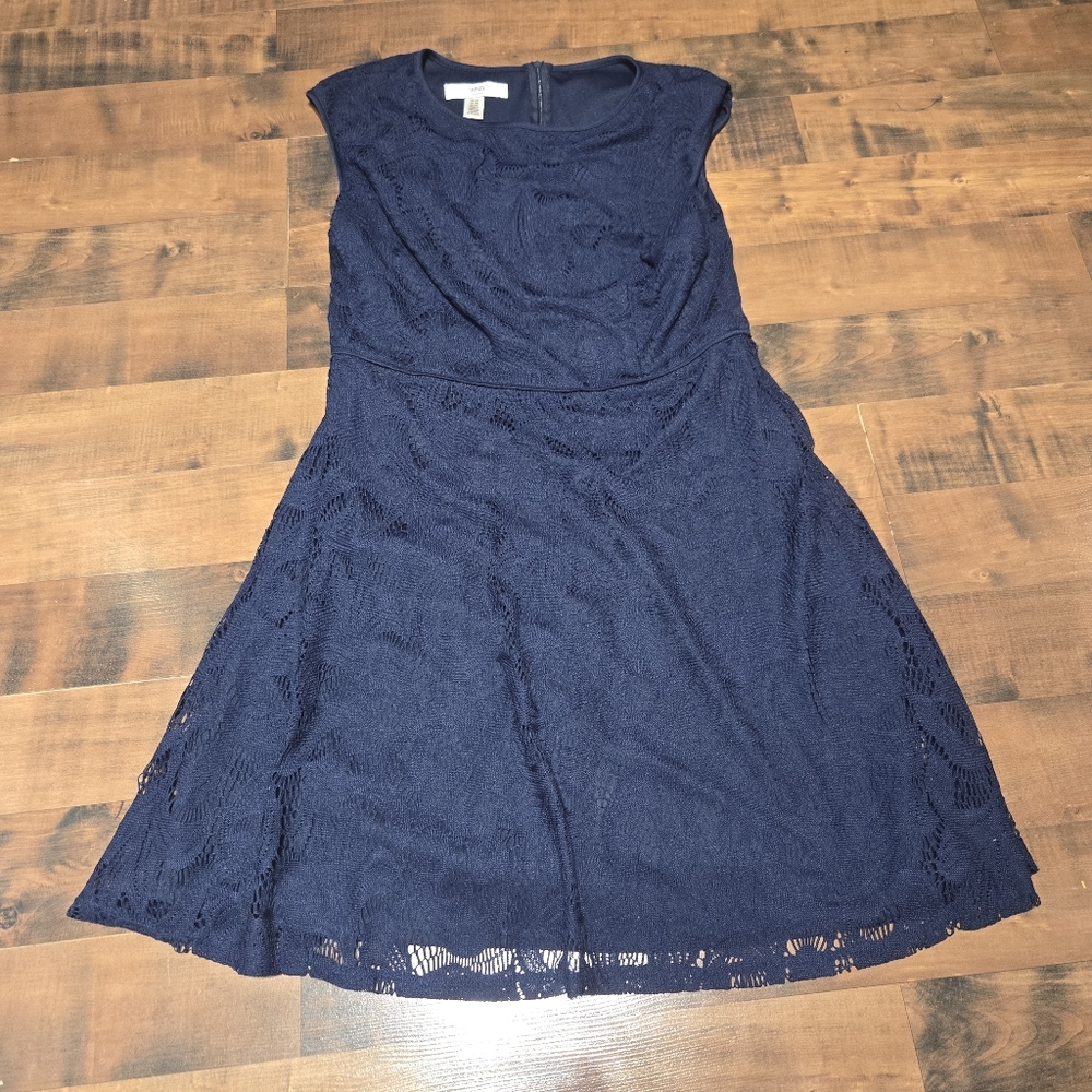 Lace Blue Cocktail Dress 14P Petite Quiet Luxury Minimalist Detailed